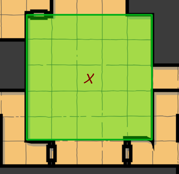 mini]Quadrat mit 5 Feldern Kantenlänge, zentriert auf X. Im Dungeomaßstab sind dies 225m² bzw. 2500 square feet/ Quadratfuß.
